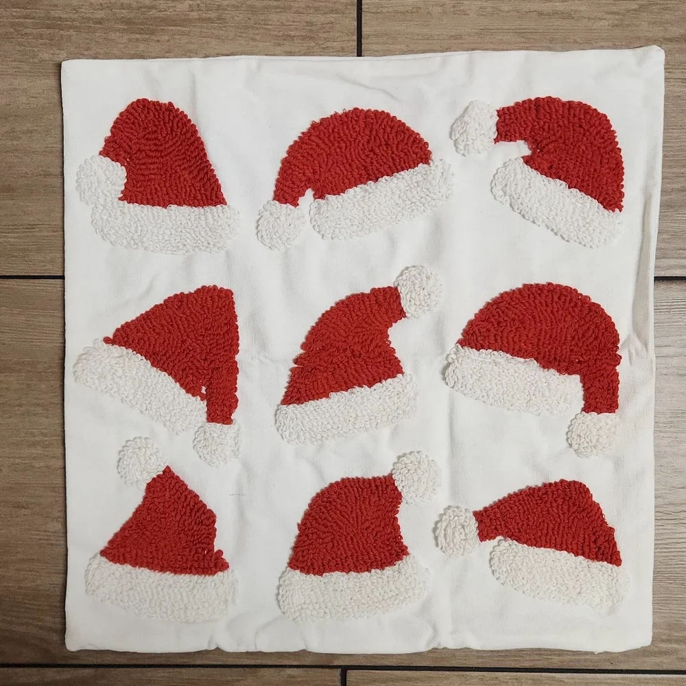 Set of 2 Tufted Santa Hat Pillow Covers Punch Needle Christmas Decor White & Red
